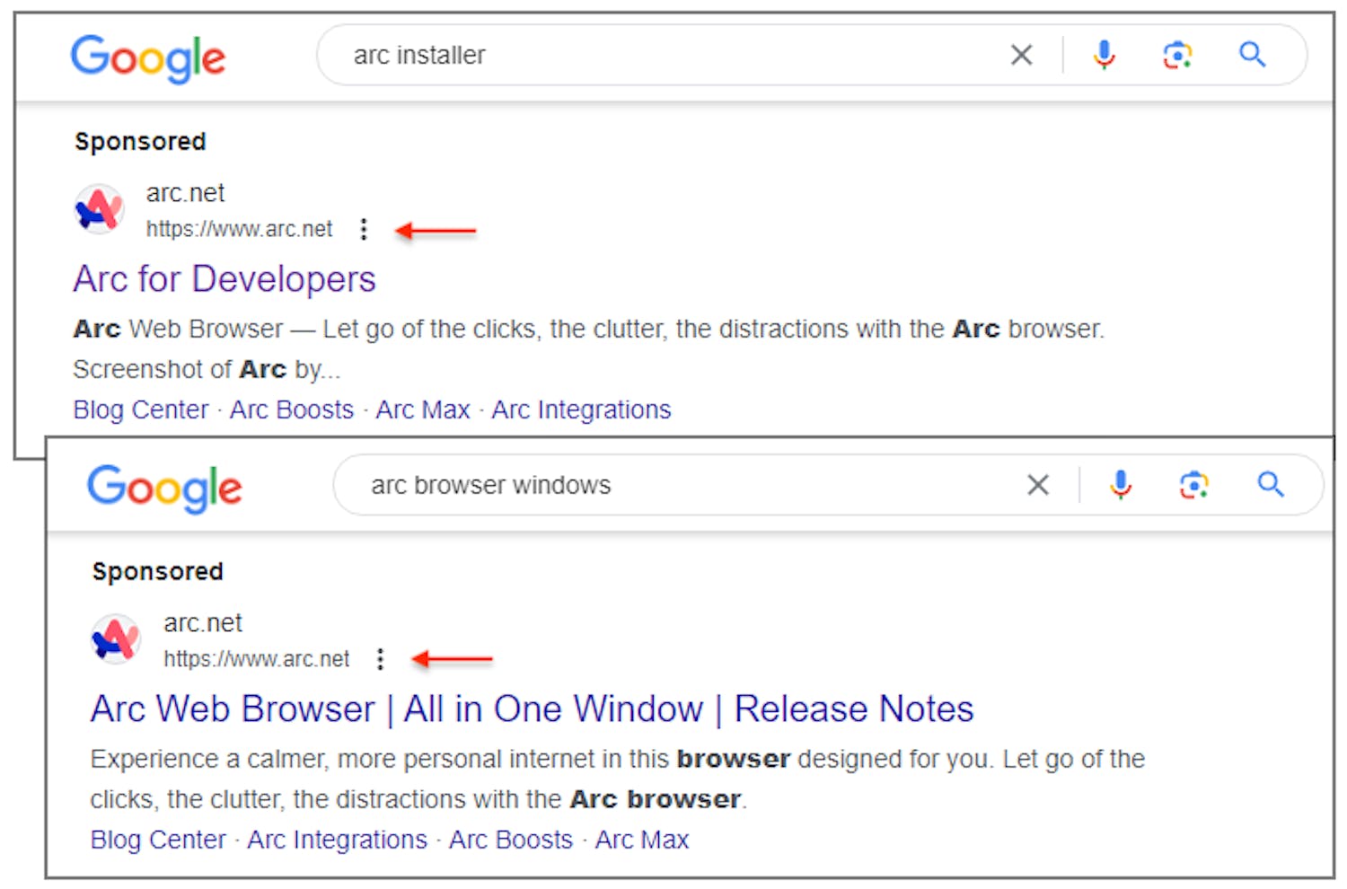 Väärennettyjä Google-mainoksia Arc-selaimessa Väärennettyjä Google-mainoksia Arc-selaimessa